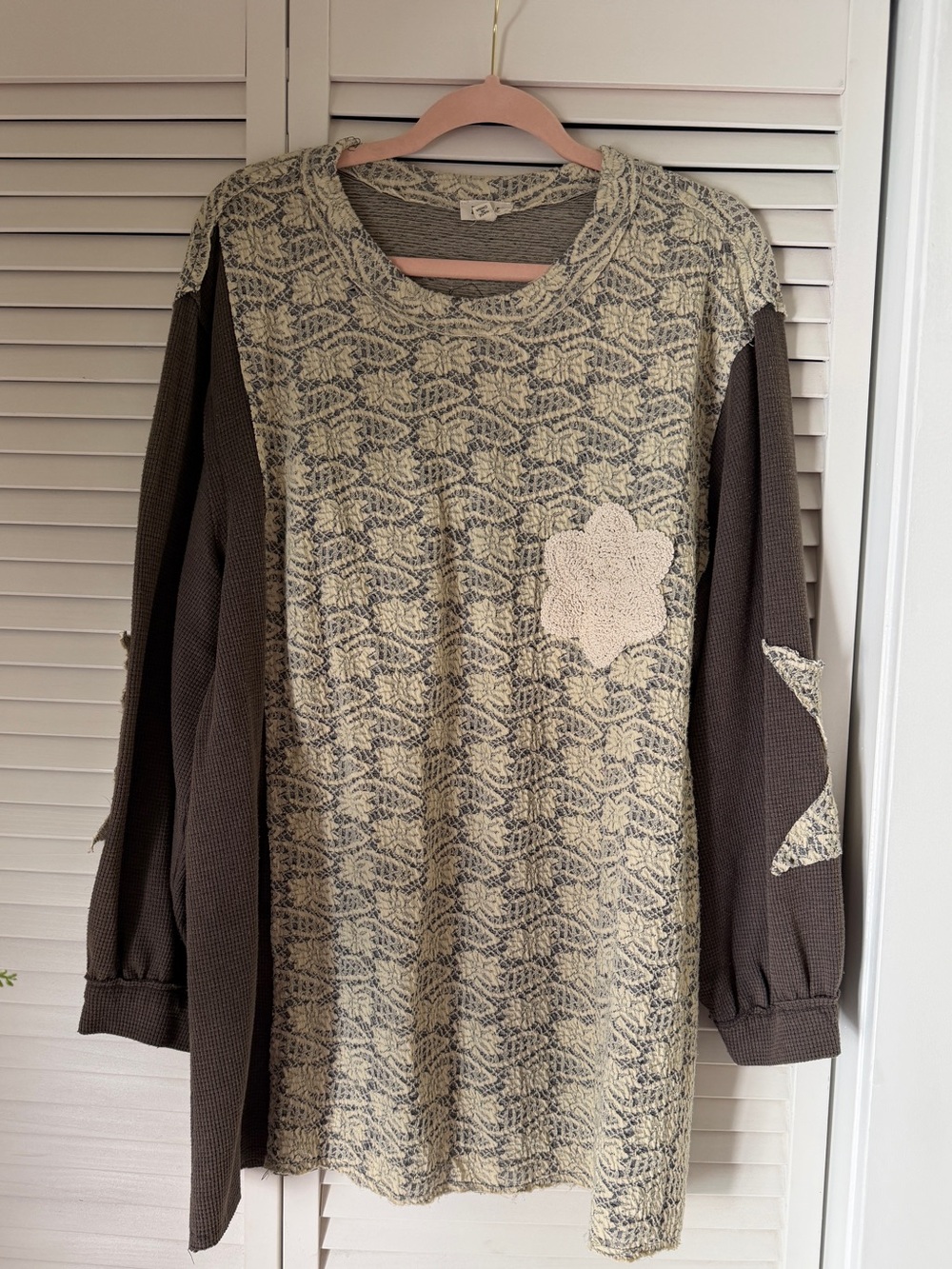 POL Cream Patterned Tunic Top with Brown Sleeves